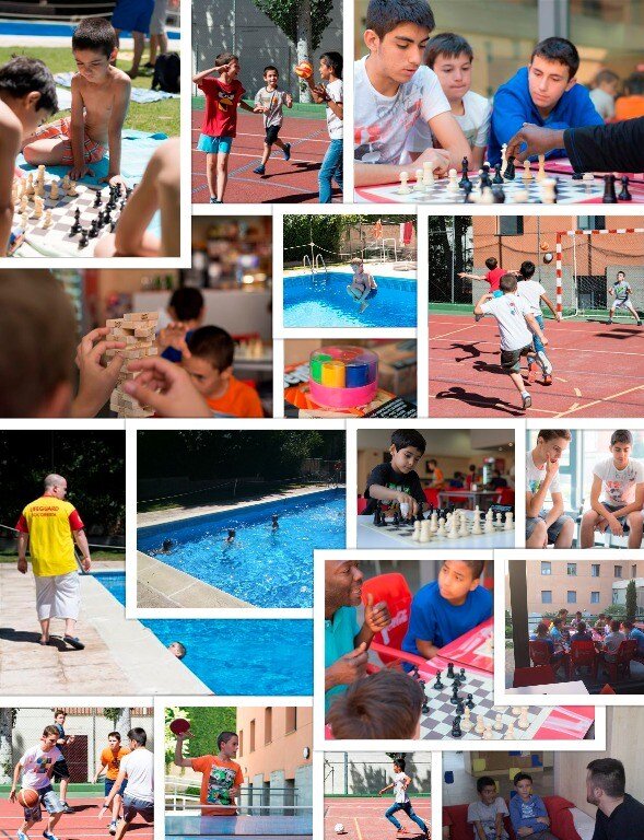 Collage con fotos del campamento de verano del club de ajedrez blanco y negro. Campamento urbano con piscina todos los días. Deporte, talleres de robótica.