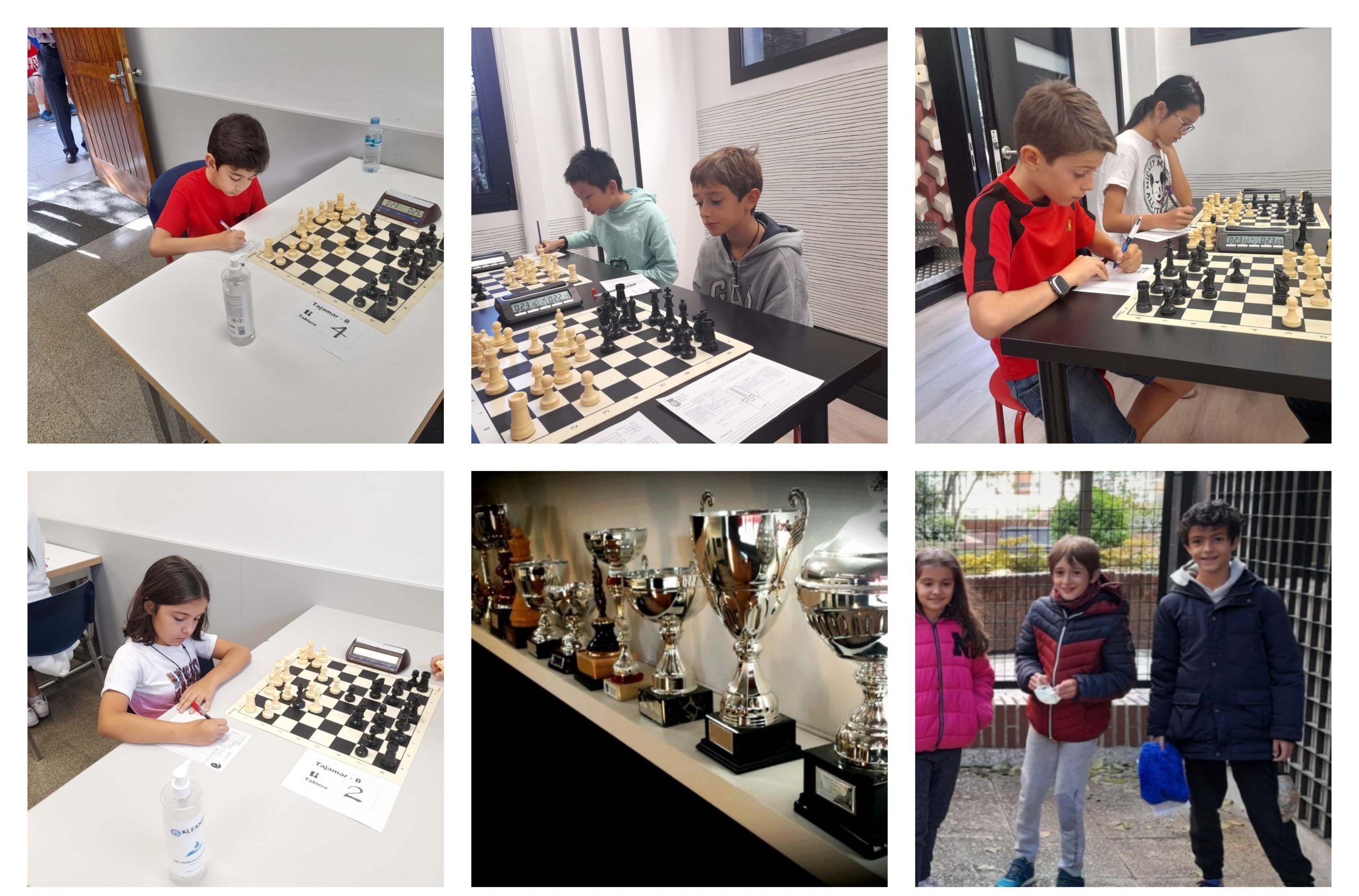 Campeones de ajedrez infantil, torneo para categoría alevín. Escuela de ajedrez blanco y negro.