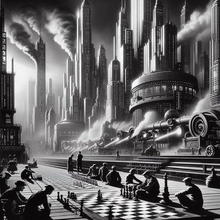 Chess image similar to Fritz Lang Metropolis film. Image for blanco y negro chess club, torneos de ajedrez en el club blanco y negro
