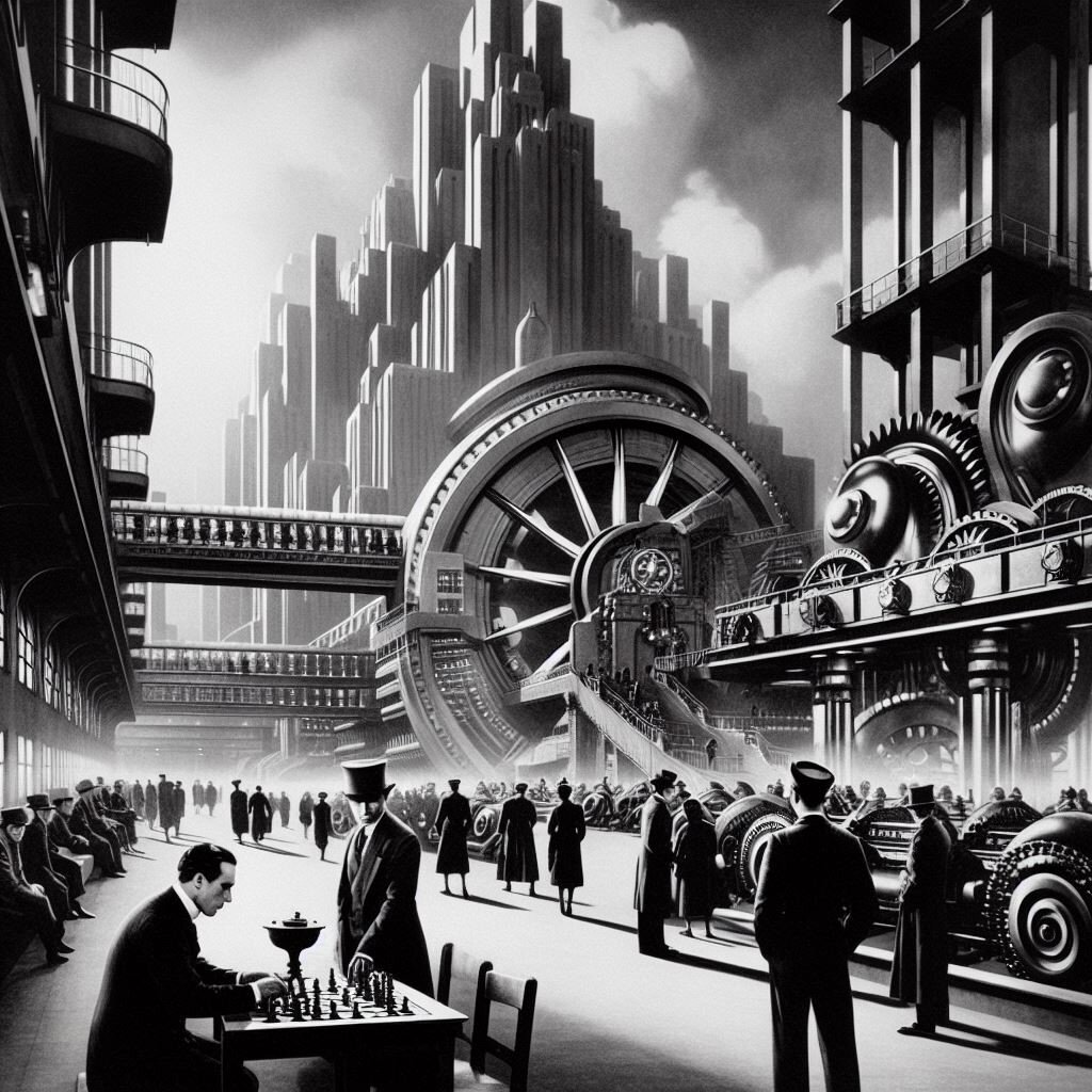 Chess image similar to Fritz Lang Metropolis film. Image for blanco y negro chess club, torneos de ajedrez en Madrid en el club blanco y negro