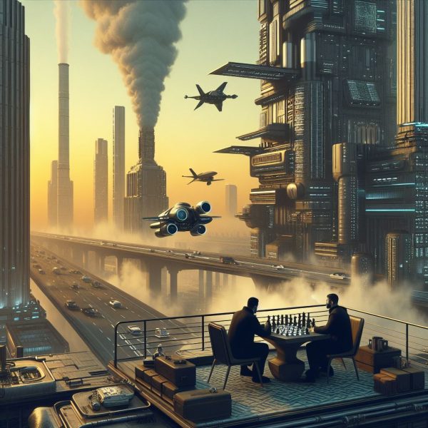 Ciudad futurista, dos personas jugando al ajedrez, un juego ideal para niños con altas capacidades, personas con un talento excepcional que se anticipan al futuro.