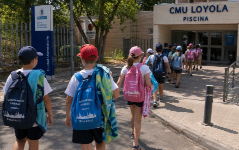 Niños en el campamento urbano de Madrid con mochila, gorra y toalla camino de la piscina del CMU Loyola en Ciudad Universitaria