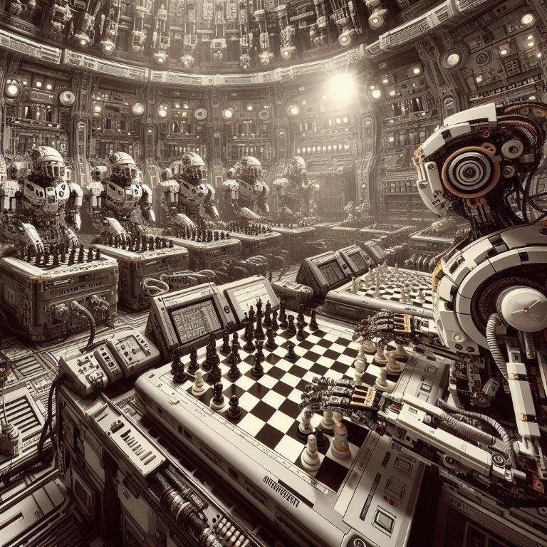 Robots jugando en la extraescolar de ajedrez, clases de ajedrez en el club de ajedrez blanco y negro
